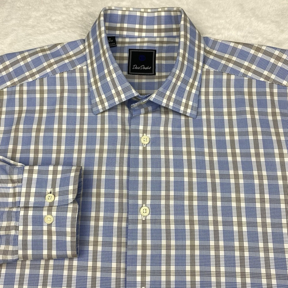 David Donahue Men's Dress Shirt 17-36/37 Blue Tan Check‎ Long Sleeve